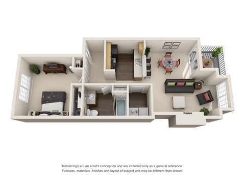 Floor plan for 1 bed, 1 bath, 666 sqft